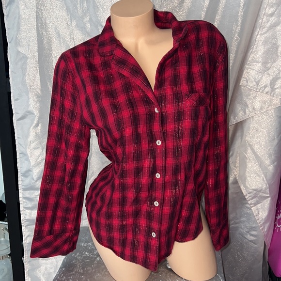 Victoria secret sparkle top button up pj red plaid glitter black purple cute - Picture 1 of 5